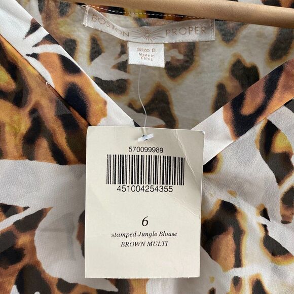 Boston Proper Stamped Jungle Blouse Shirt Top Long Sleeve Sheer Elastic Waist 6 - Picture 2 of 3